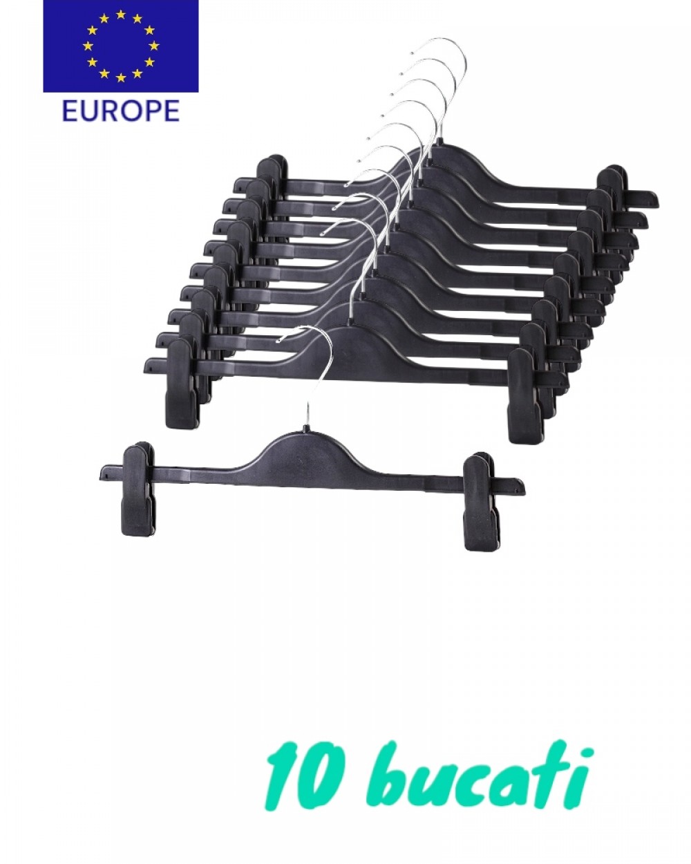 Set 10 umerașe marimea 36cm cu clips culoare negru Set 10 umerașe marimea 36cm cu clips culoare negru