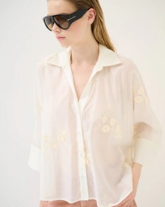 Camasa lyocell alba cu broderie flori in relief