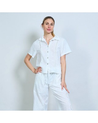 Set camasa si pantaloni albi cu broderie sparta din bumbac dama