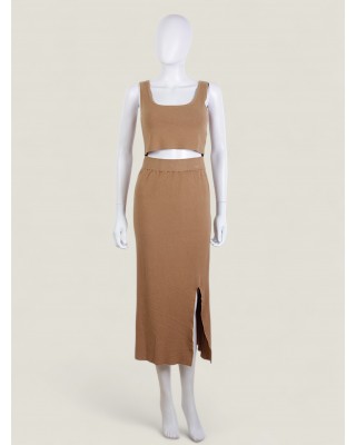 Compleu Tricot Top si Fusta Bej Dama
